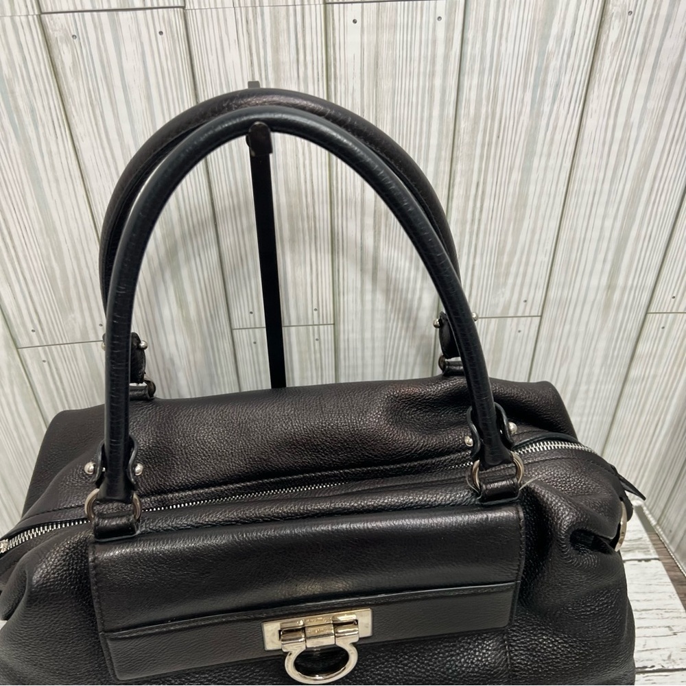 Salvatore Ferragamo Black Pebbled Leather Satchel Tote Bag Top Handle Purse - Picture 3 of 14